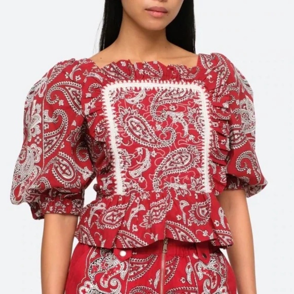 Sea New York Theodora Paisley Print Puff Sleeve Top‎ in Red size large